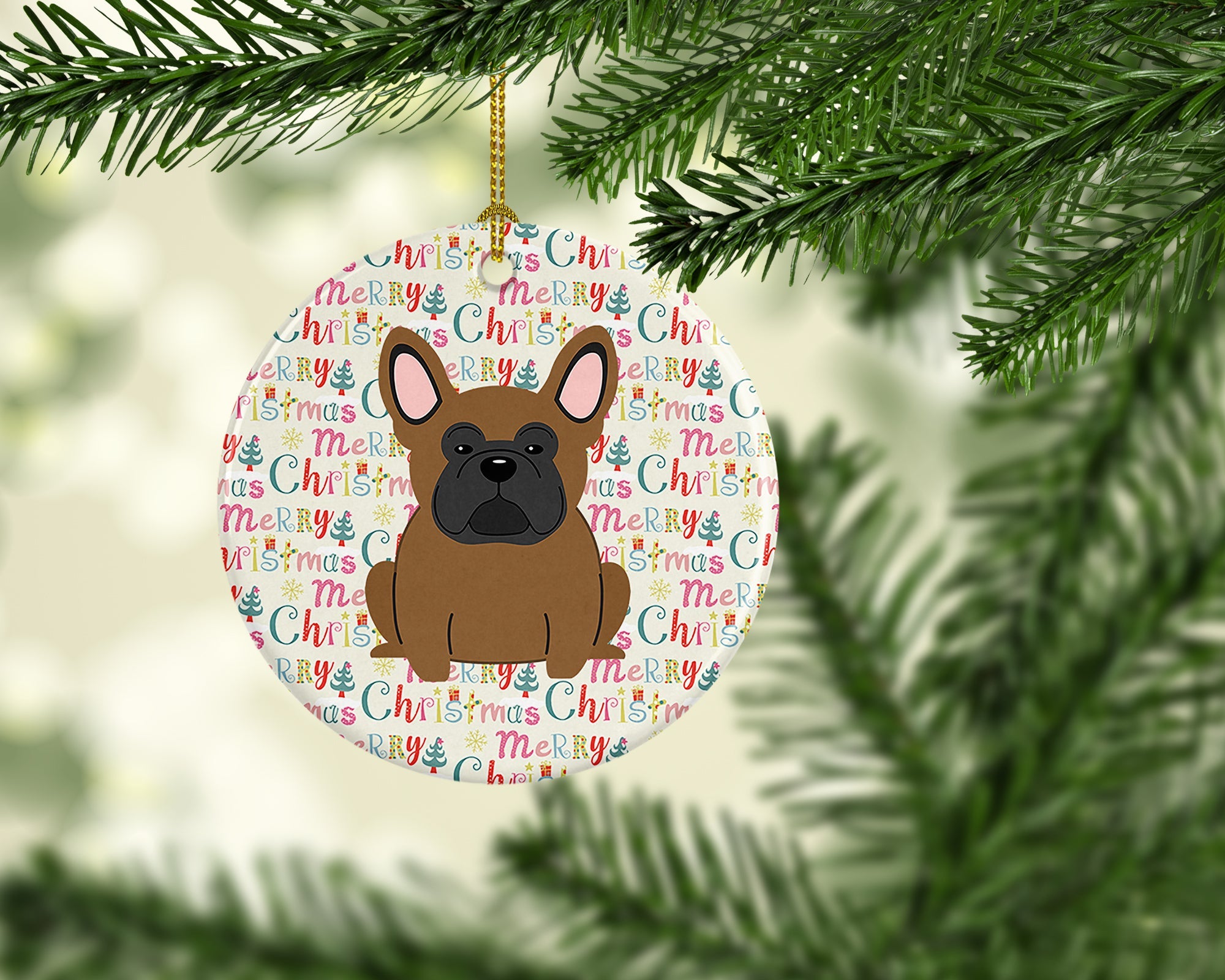 Merry Christmas French Bulldog Brown Ceramic Ornament