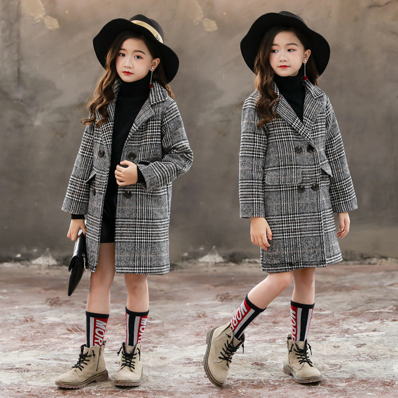 Girls' Gray Plaid Houndstooth Coat