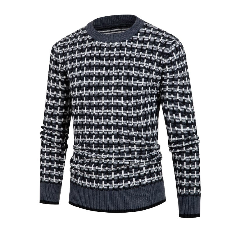 Solid Plaid Round Neck Pullover Sweater for Men | Streetwear