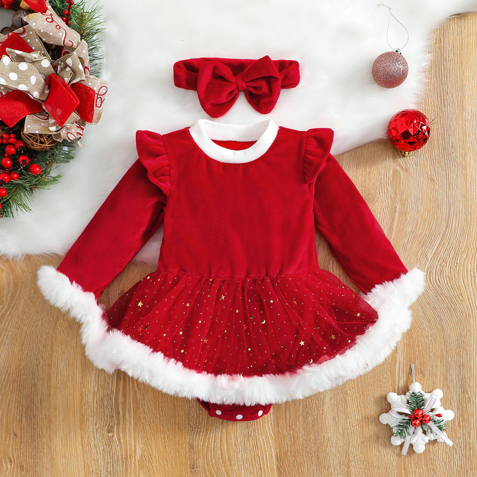 Baby Girl Christmas Romper with Sequin Skirt & Headband