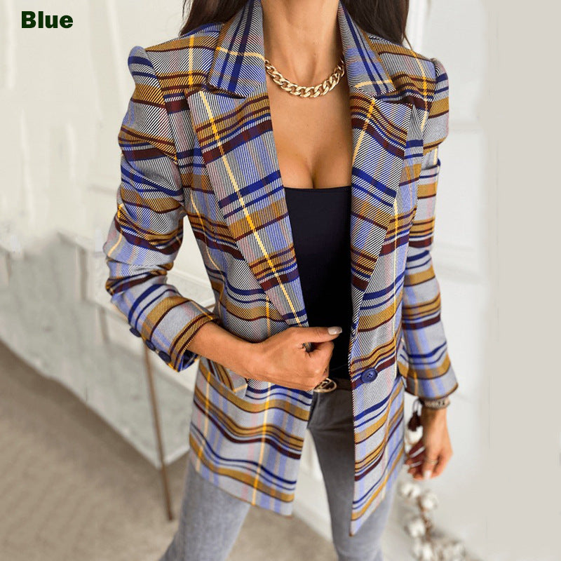 Women's Long-Sleeved Plaid Print Jacket Suit