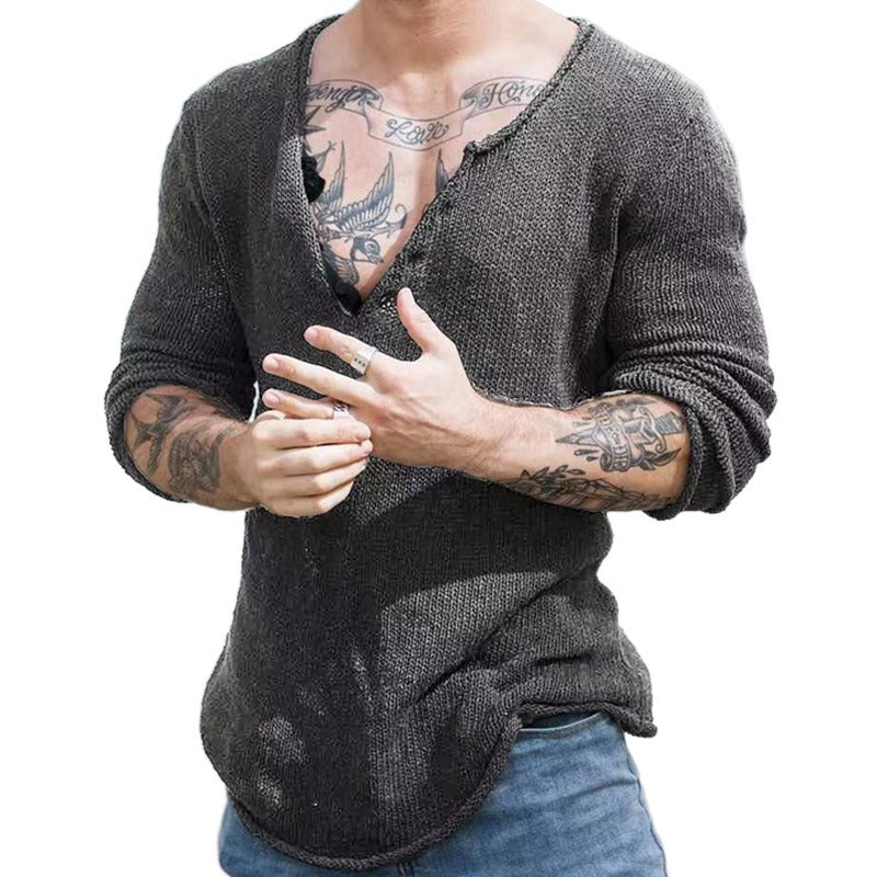 Men's V-Neck Pullover Sweater - Solid Color, Large Size | Streetwear