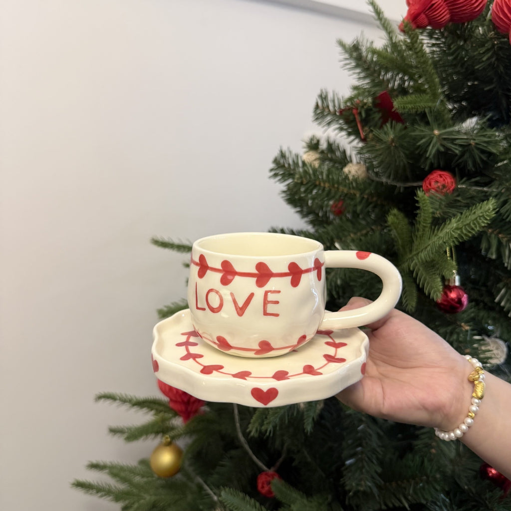 Hand-Painted Christmas Ceramic Coffee Cup & Saucer