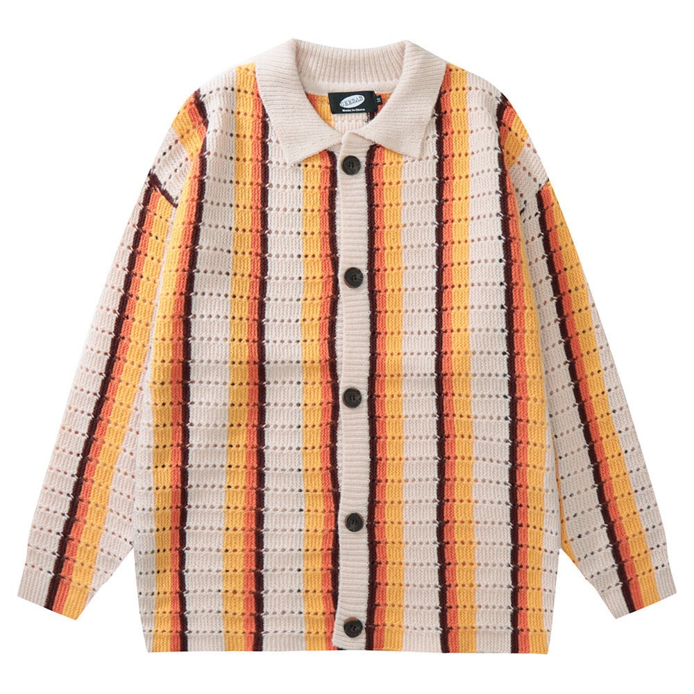 Striped Crochet Knit Cardigan with Lapel Design