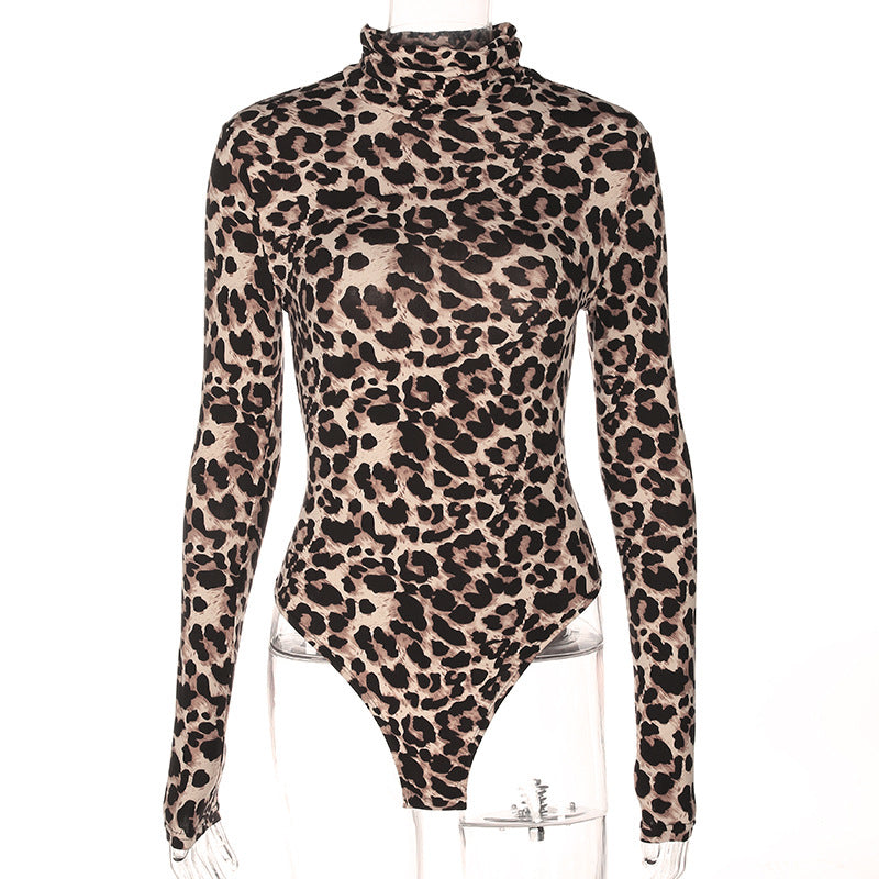 Sexy Leopard Print Long Sleeve Bodysuit for Women