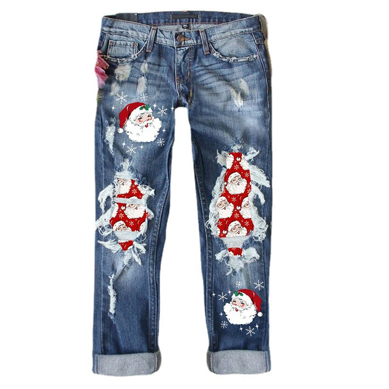 2022 Women's Ripped Christmas Patch Denim Jeans