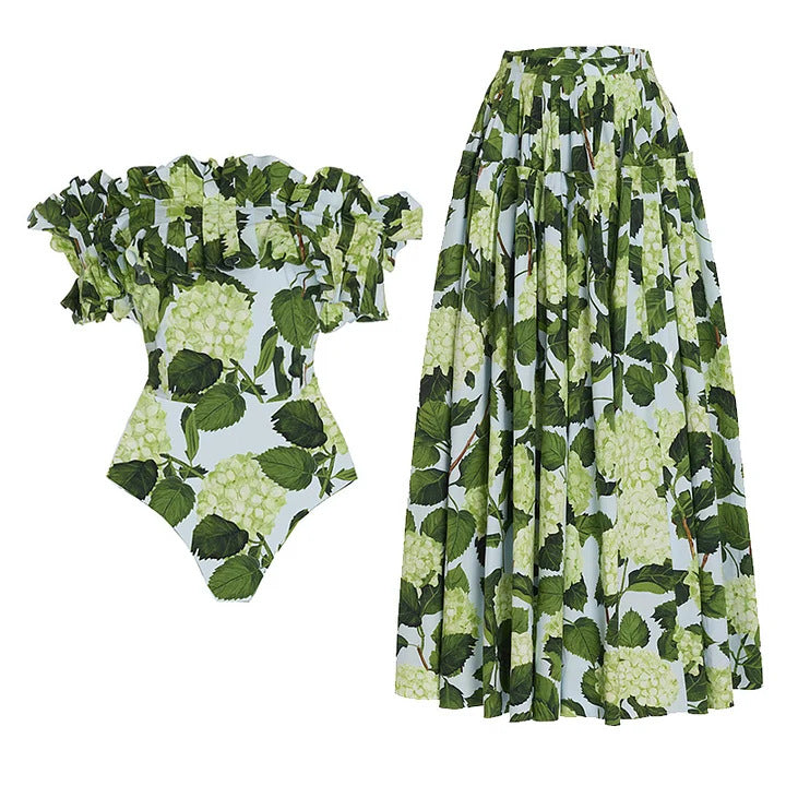 2024 Women's Ruffled Bikini Set with Hydrangea Design