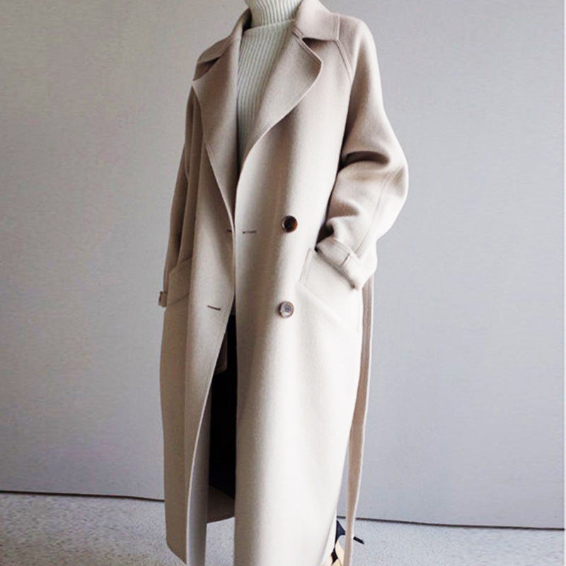 Ladies Double-sided Mid-length Woolen Coat with Waist