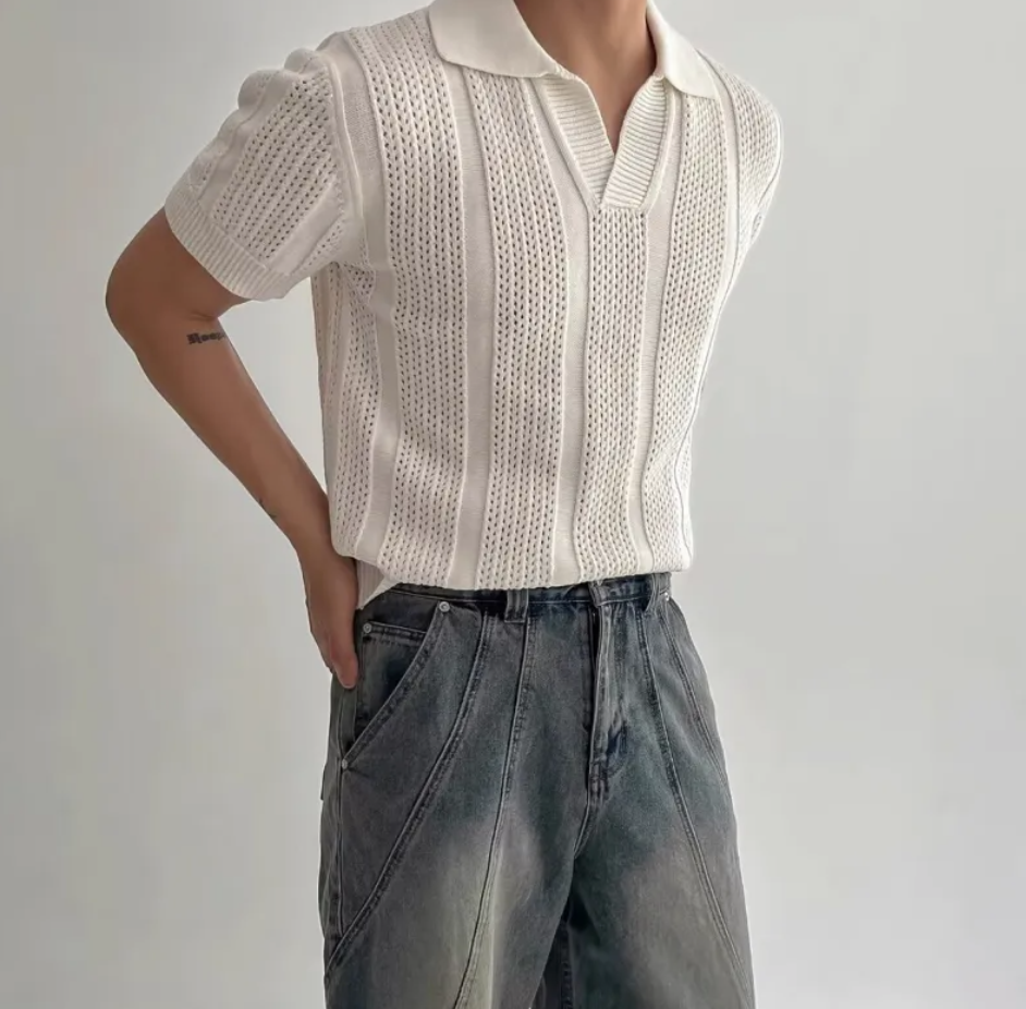 Mesh Knit Short-Sleeve Polo Tee