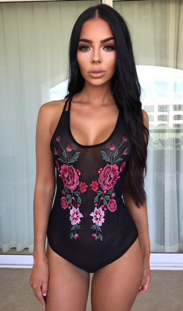 Sheer Floral Embroidered Mesh Teddy Bodysuit