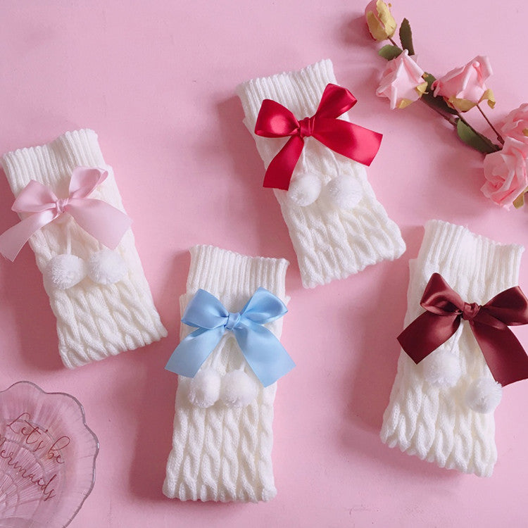 Girls' Bow Socks with Knitted Wool Balls