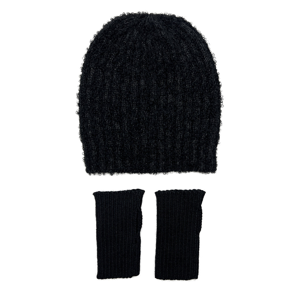 Black Loop Knit Alpaca Beanie | Embroidered Cap