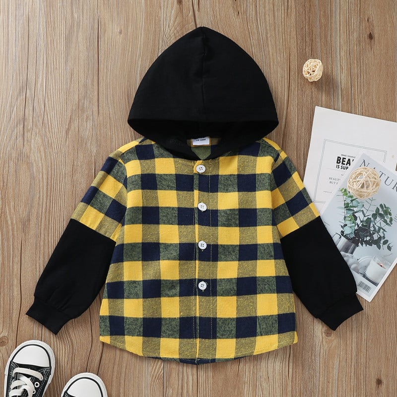 Hooded Plaid Sleeve Single Breasted Shirt Jacket for Boys
