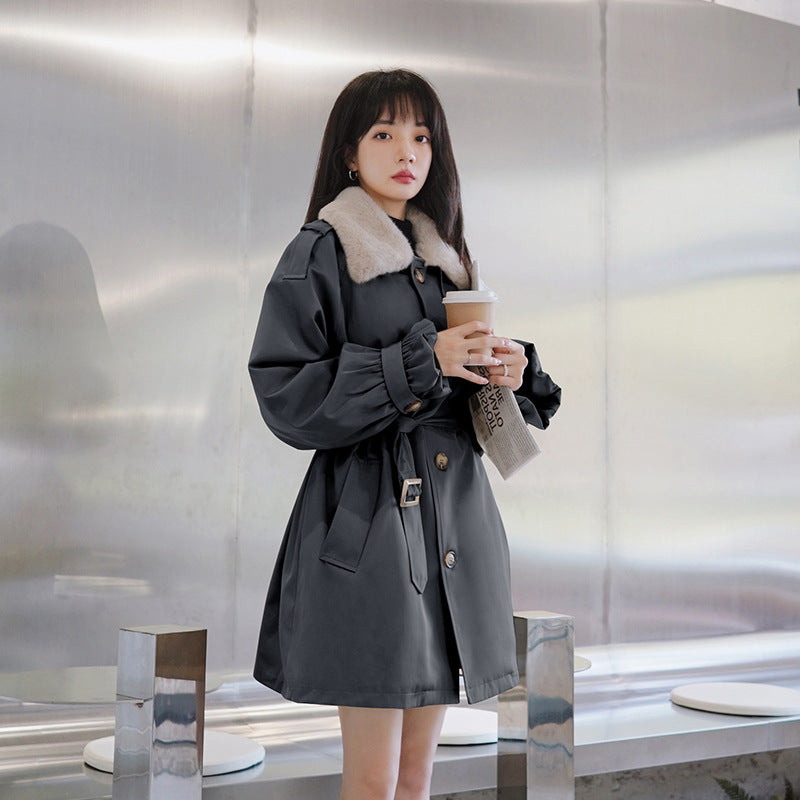Winter Khaki Cotton Coat for Women with Velvet Lining