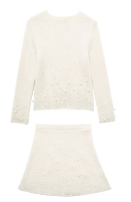 Women's Knit Set with Pearl-Embellished Skirt (One Piece)