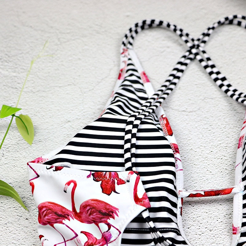Flamingo Print Bikini with Cross Strap One-Piece Swimsuit