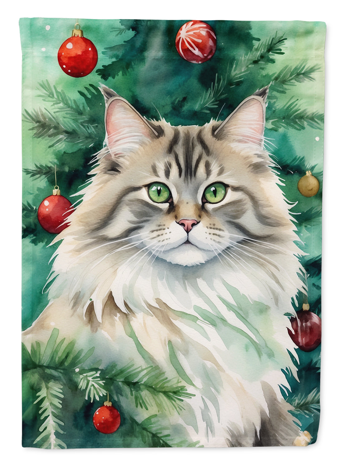 Siberian Cat By the Christmas Tree House Flag