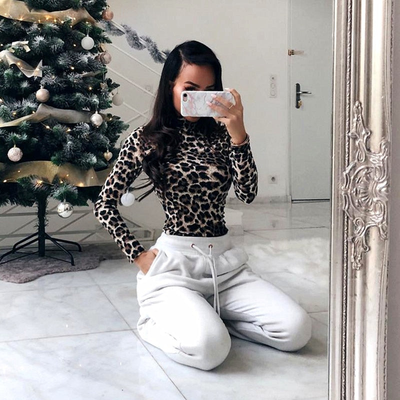 Sexy Leopard Print Long Sleeve Bodysuit for Women
