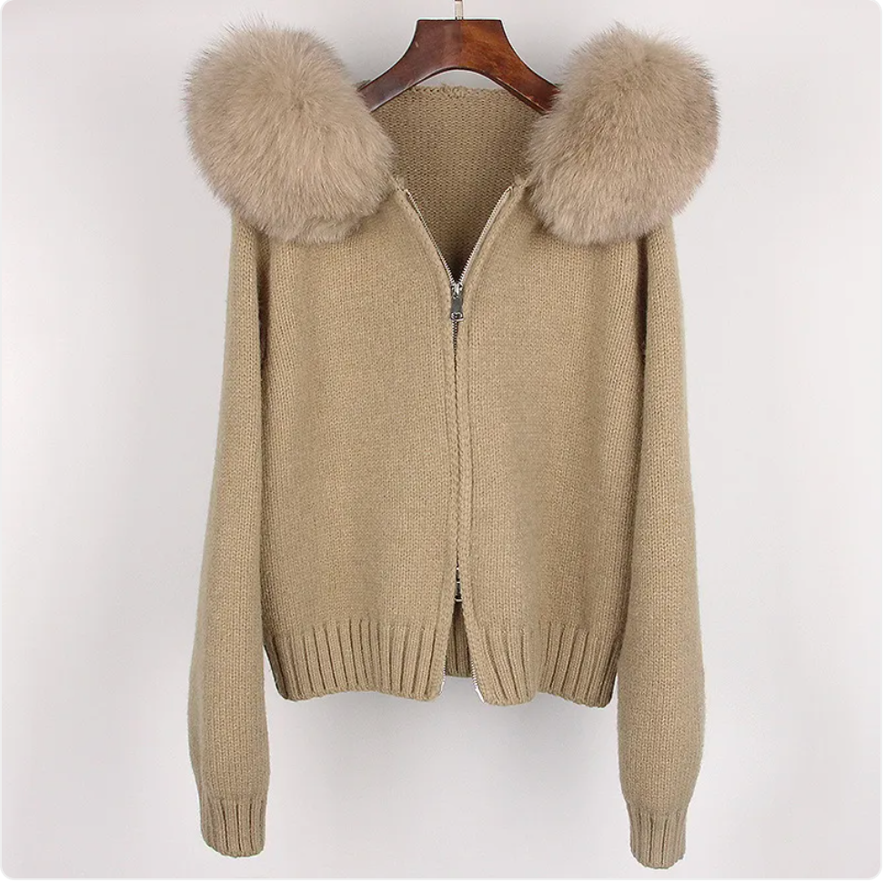 Hooded Sweater with Real Fox Fur Collar