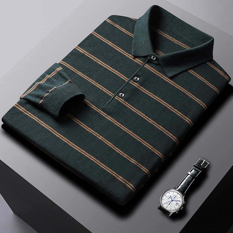 Men's Long-Sleeved Striped Polo Sweater for Autumn/Winter