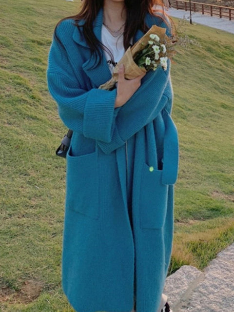Elegant Blue Women's Knitted Winter Cardigan Jacket