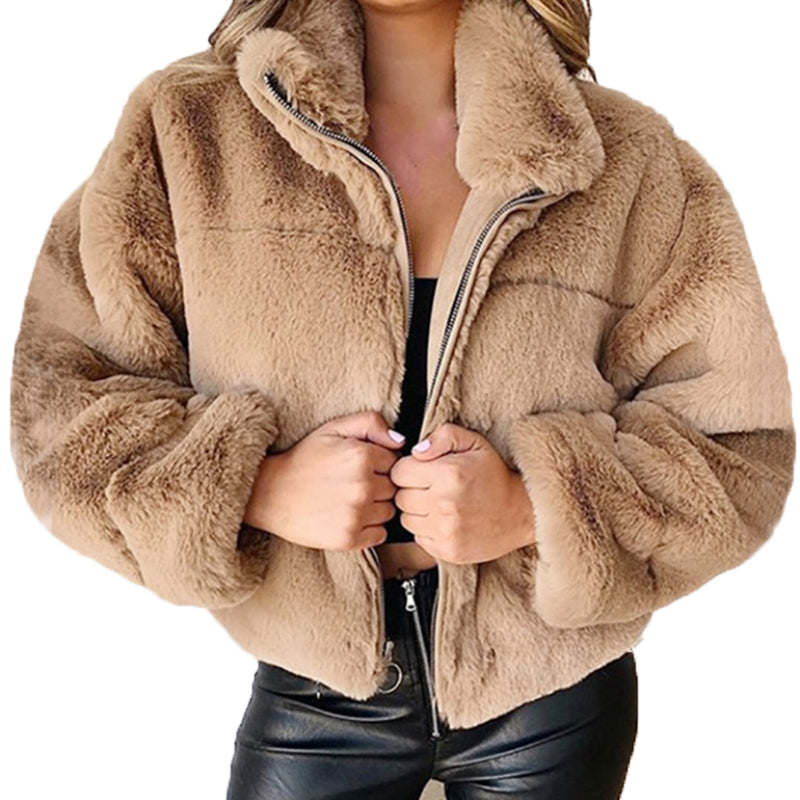 Elegant Women's Faux Fur Coat with Zipper and Collar