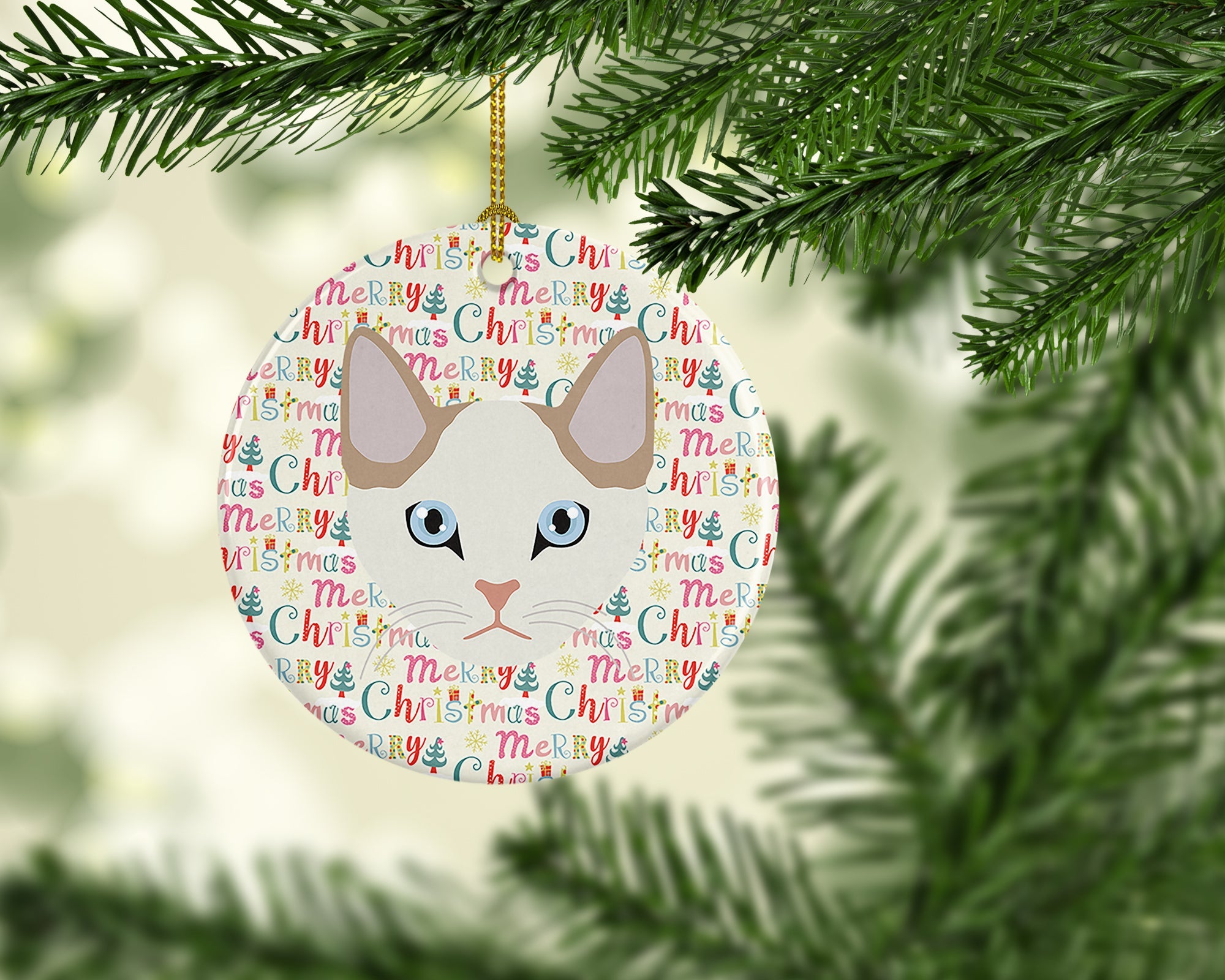 Korean Bobtail Cat Christmas Ceramic Ornament