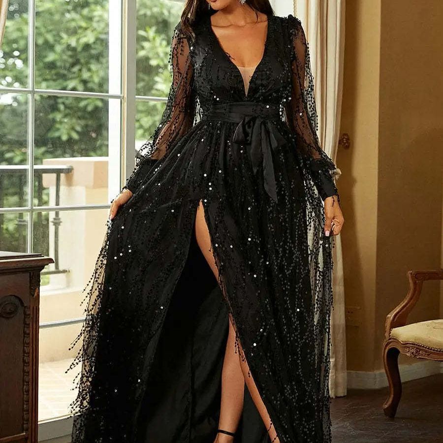 Sequined Deep V Halter Spaghetti Straps Evening Dress