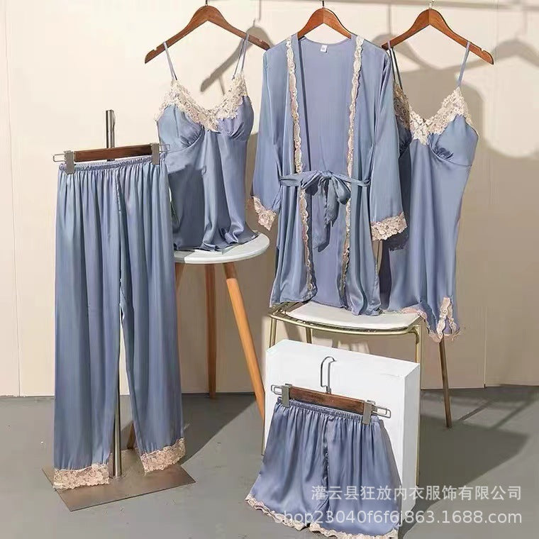 KF Women's Spring Autumn Lace Nightgown Set with Removable Pads
