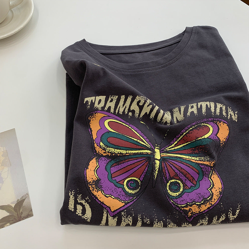 Butterfly Print Stretch Crop Top T-Shirt (All Cotton)