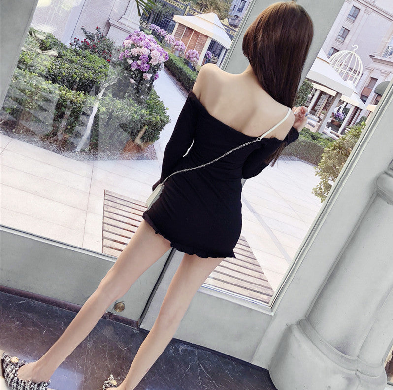 Nightclub Dress with Off-Shoulder Ruffle and Drawstring