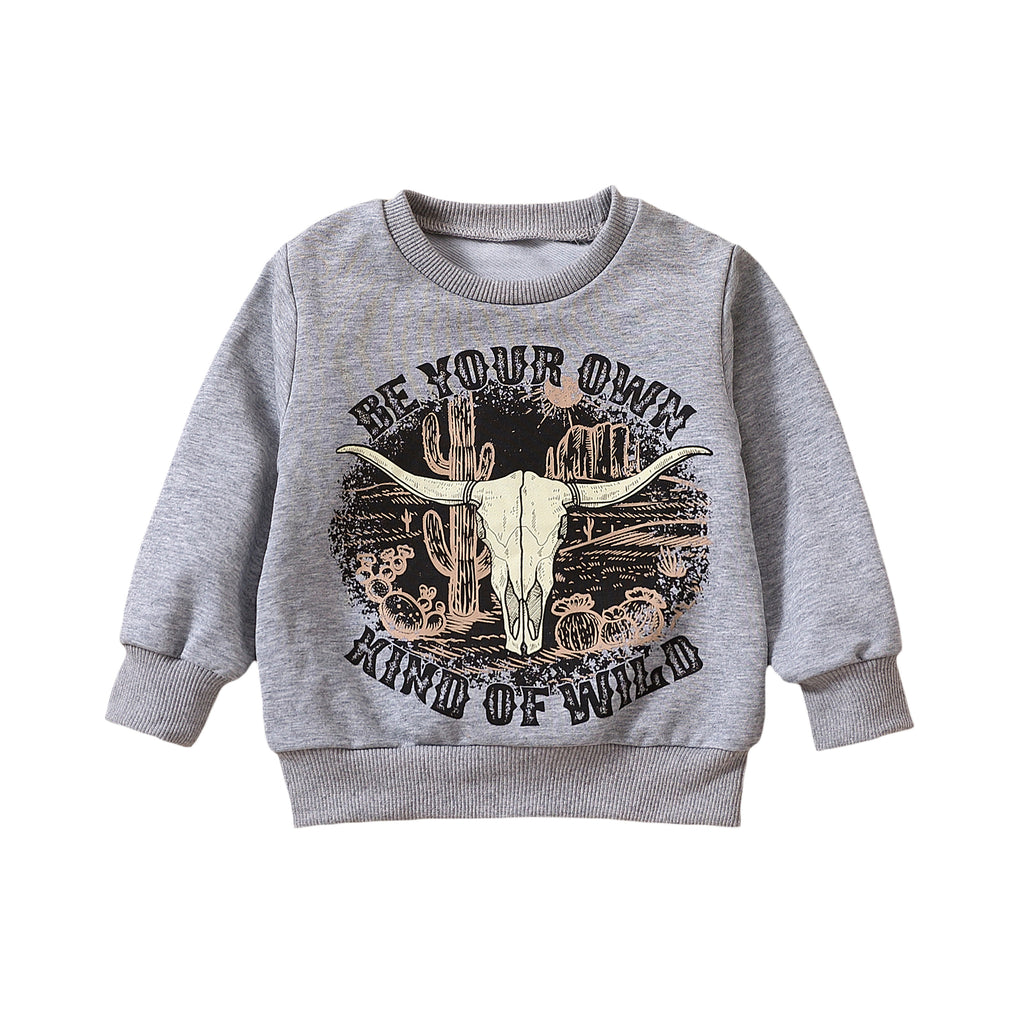 Grey Printed Letter Cow Head Kids' Sweater