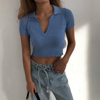 Women's Knitted Polo Collar Short Sleeve Tank Top