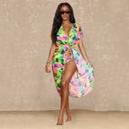 Neon Snakeskin Print Kimono Cover-Up and Bikini Set