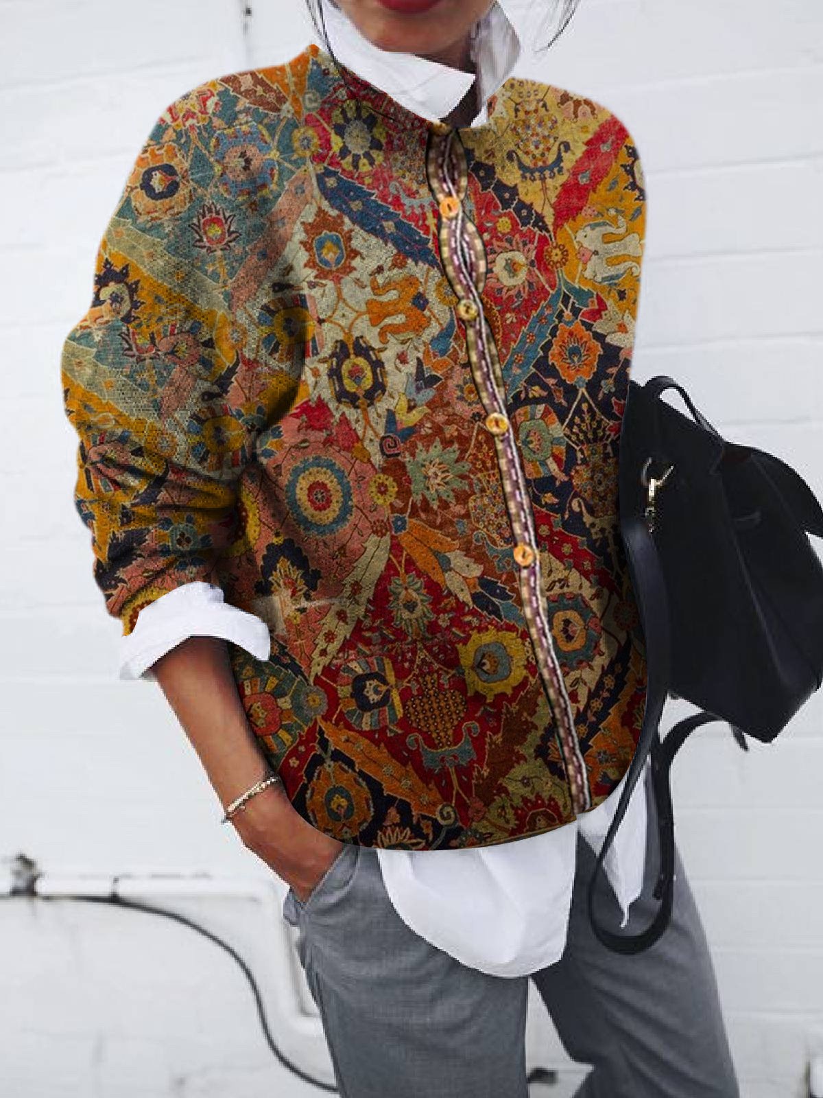 Brushed Geometric Print Long Sleeve Cardigan