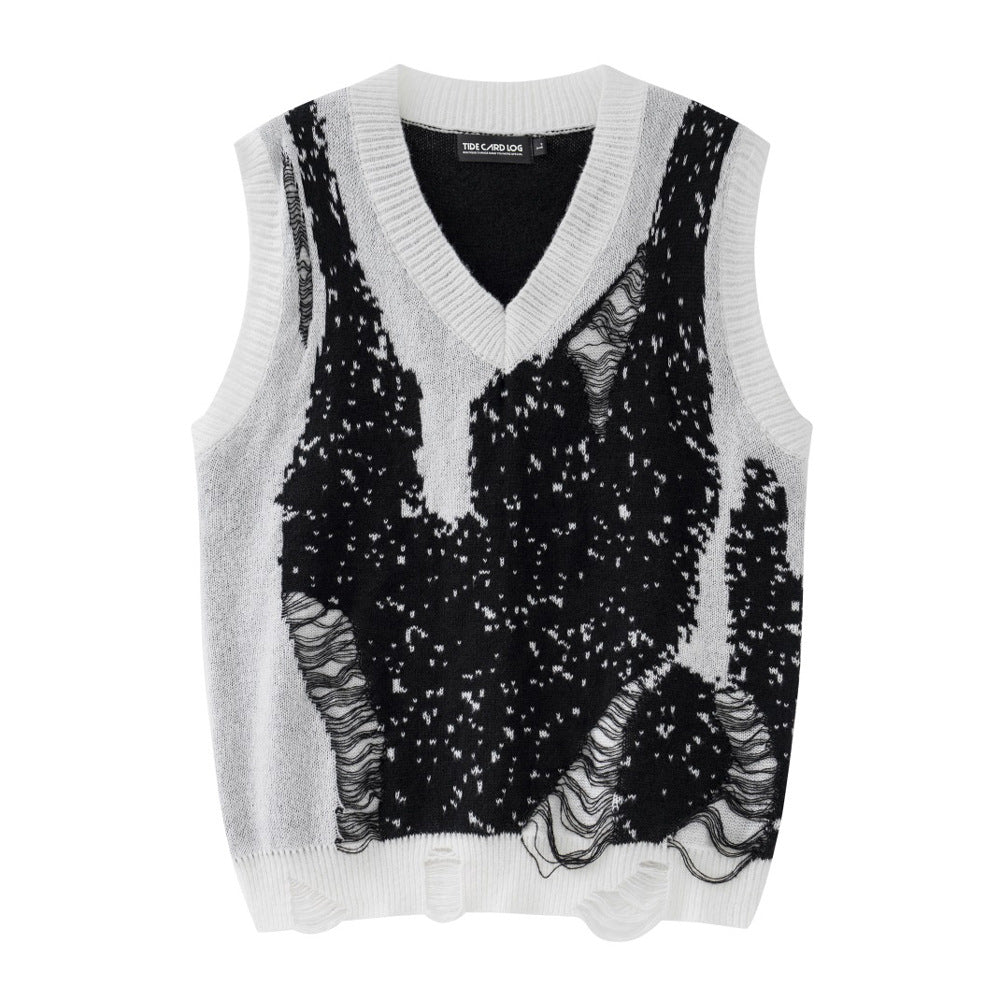 Men's Crochet V-neck Color Block Knitted Sweater Vest
