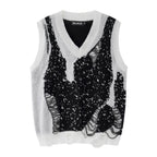 Men's Crochet V-neck Color Block Knitted Sweater Vest