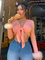 Tie-Front Long-Sleeve Crop Top with Feather Cuffs