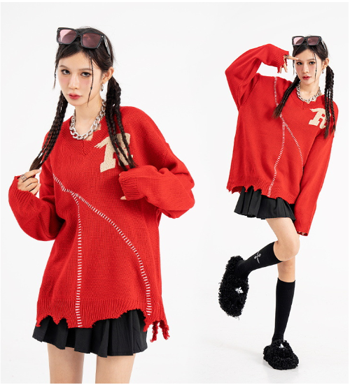 Chaopai Loose Long-sleeved Sweater with Frayed Edges
