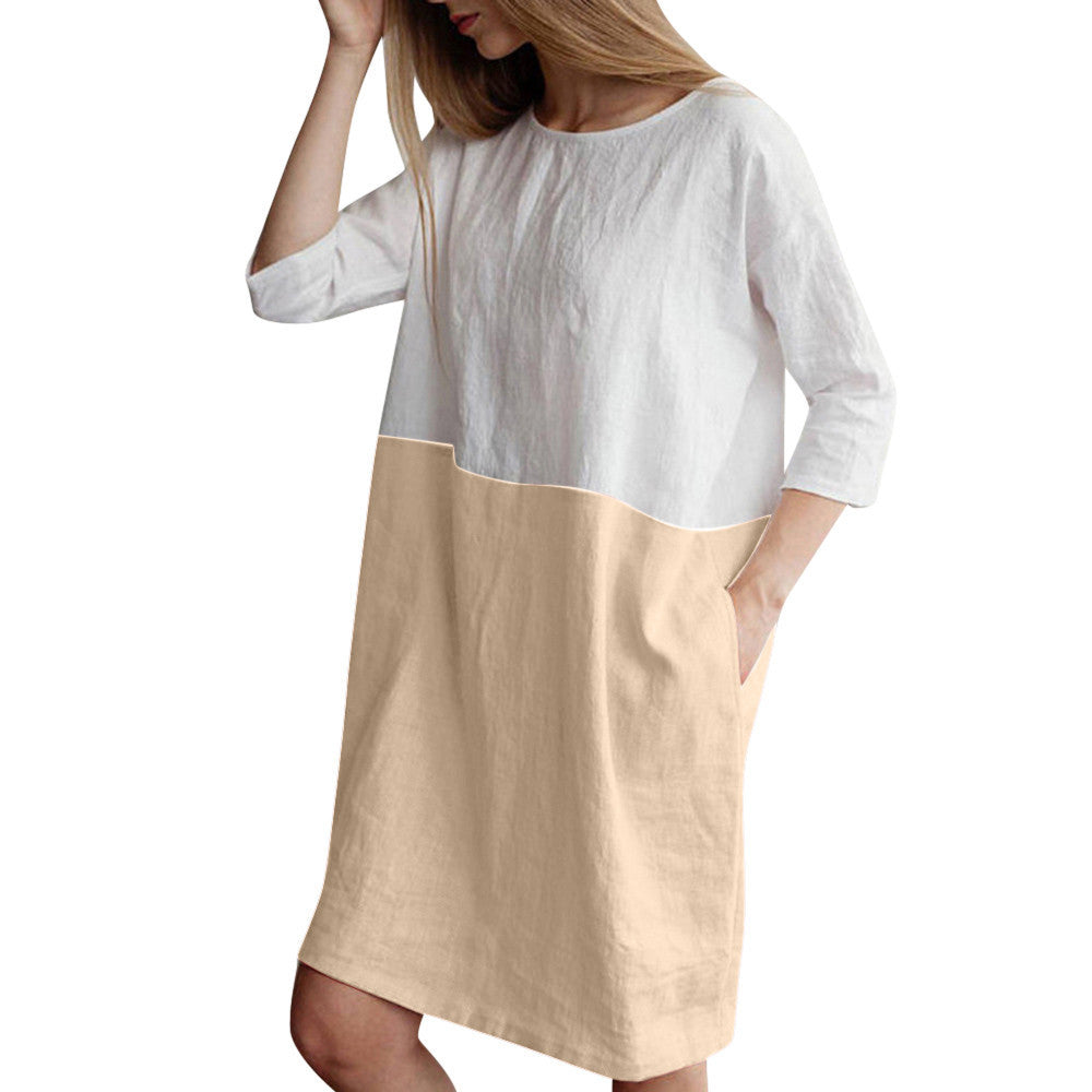 Patchwork Short Sleeve Cotton Linen Dress