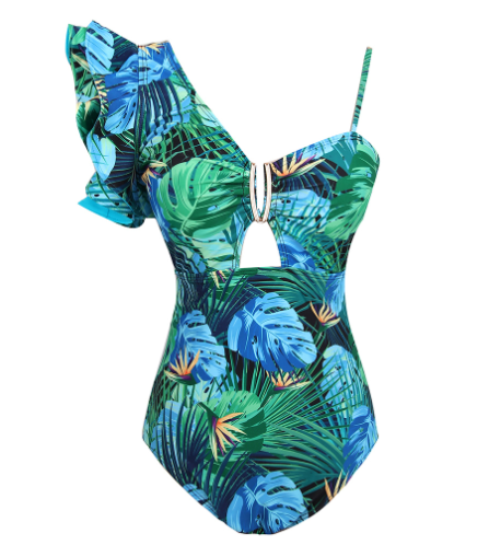 2024 Women's One-Shoulder Ruffle Print Swimsuit