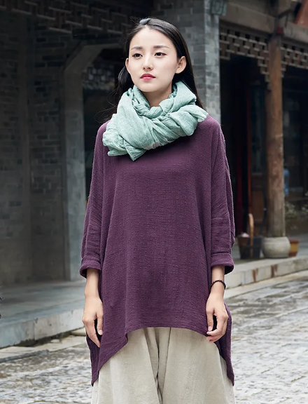 Cotton And Linen Breathable Retro National Long Sleeve Pullover T-shirt | Streetwear