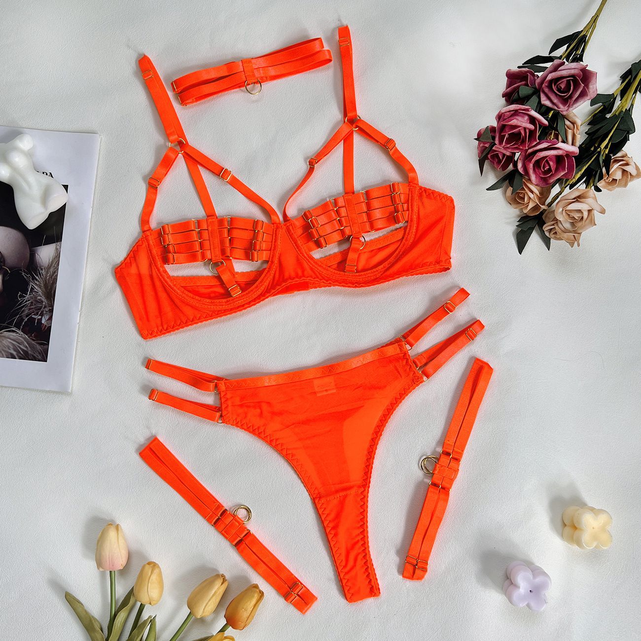 Fashionable Lace-Up Lingerie Set with Complex Design