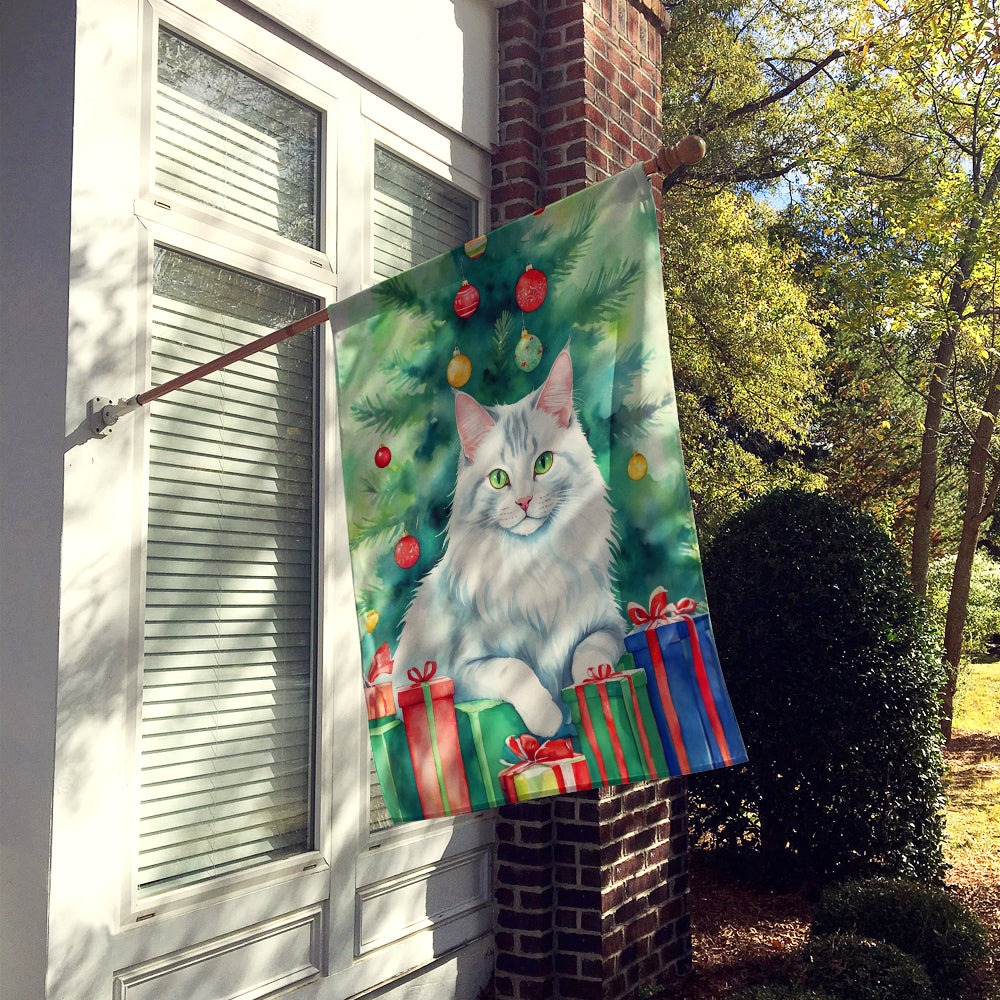 Turkish Angora Cat By the Christmas Tree House Flag