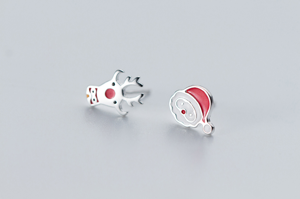 Silver Christmas Earrings - Santa and Reindeer Design