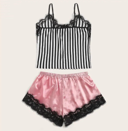 Fashionable Black Lace Trim Sleepwear Set (2 Pieces)