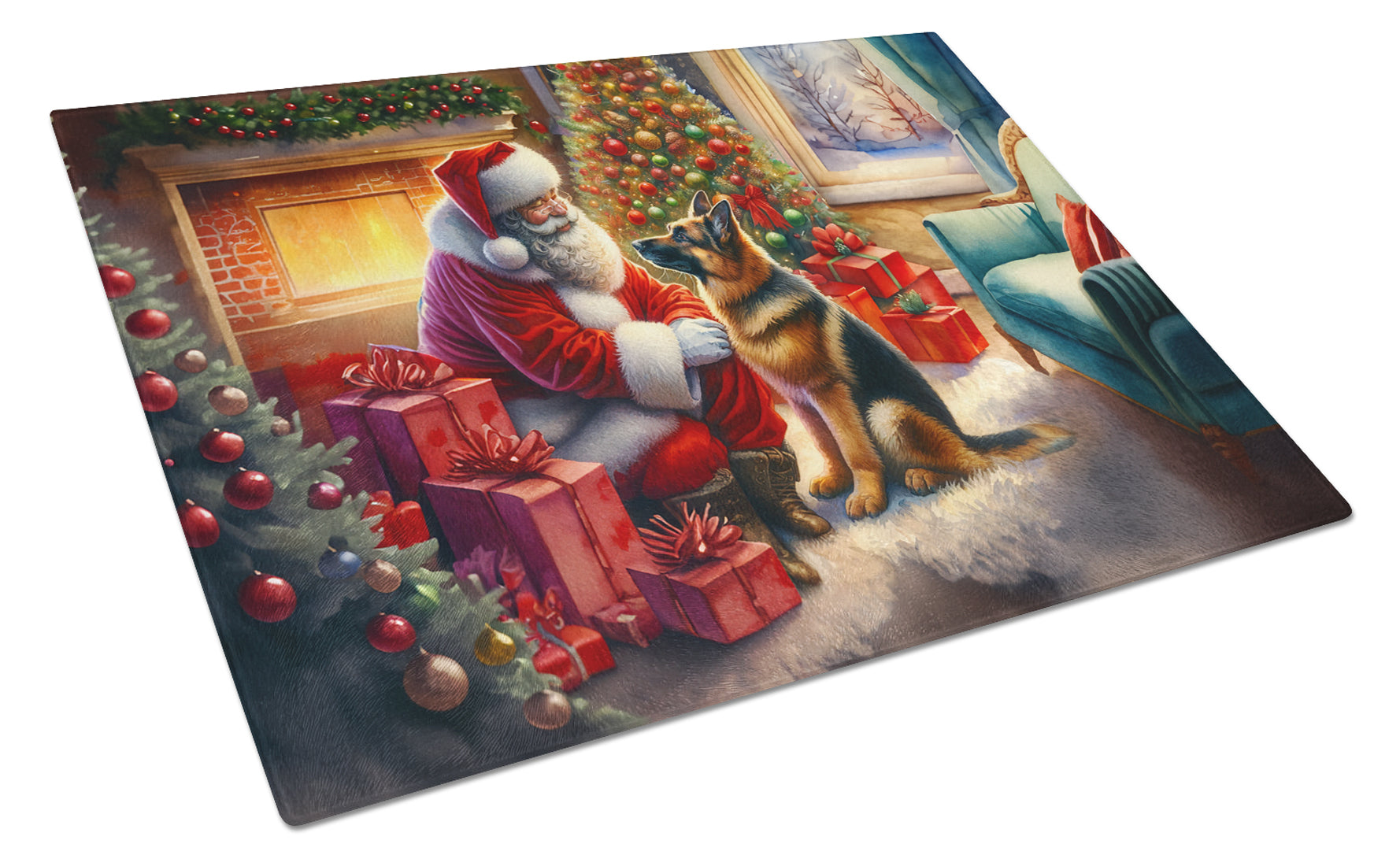 German Shepherd and Santa Claus Glass Cutting Board