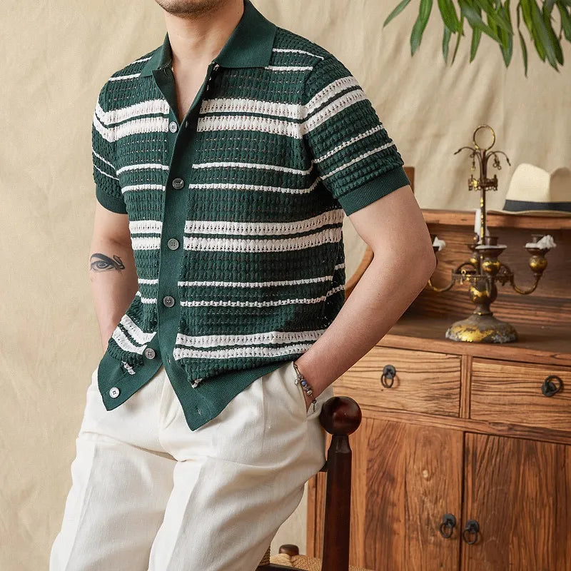 Men's Summer Stripes Lapel Cardigan Polo