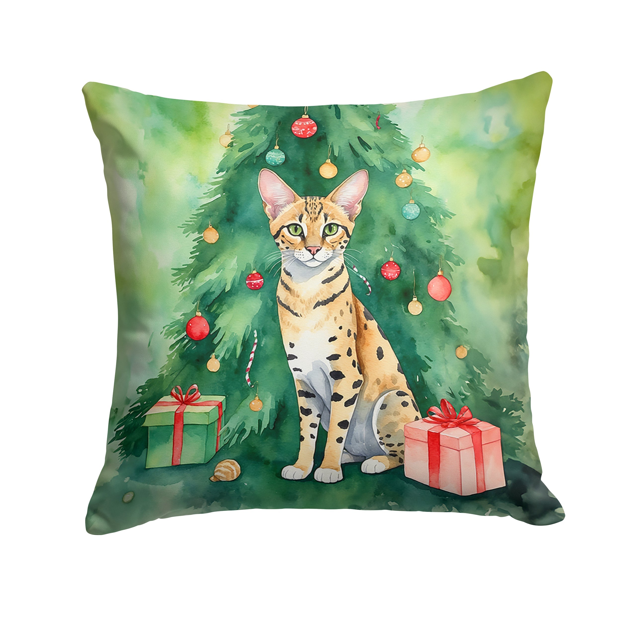 Savannah Cat By the Christmas Tree Throw Pillow