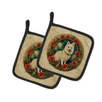 Japanese Spitz Christmas Flowers Pair of Pot Holders